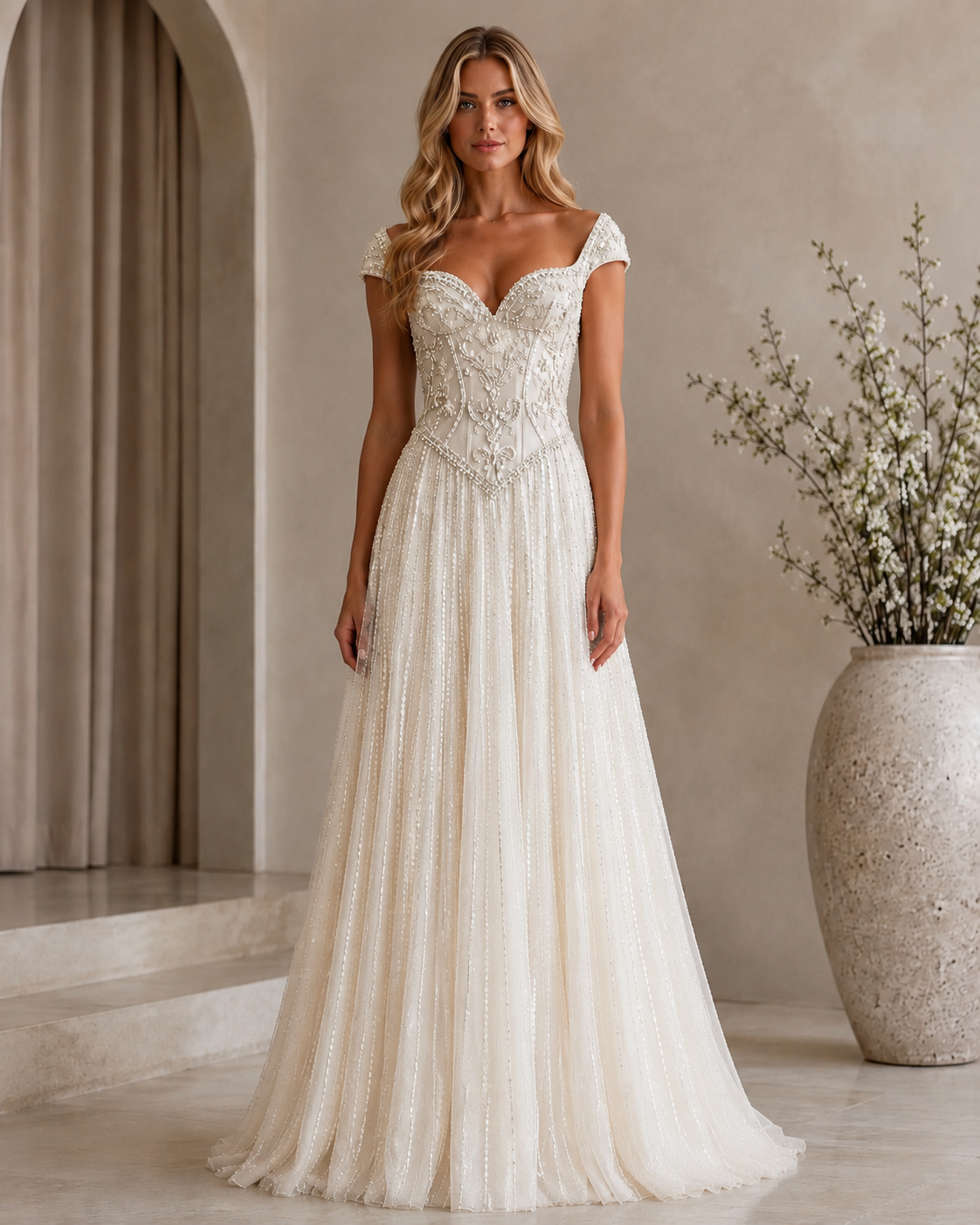 Ivory beaded sweetheart cap sleeve floor-length A-line evening gown front view