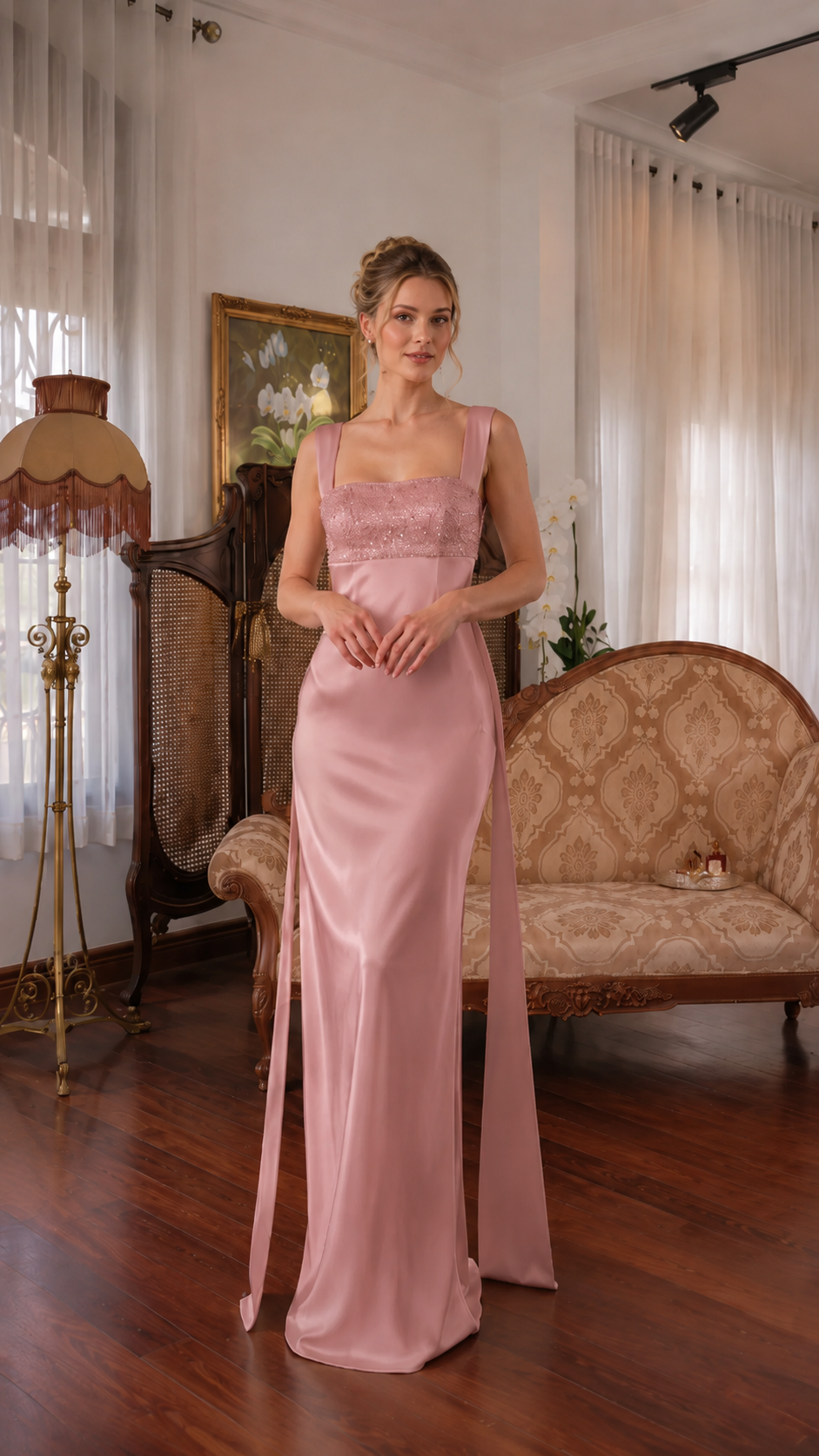 Blush pink satin-look formal maxi dress with square neckline and embellished top