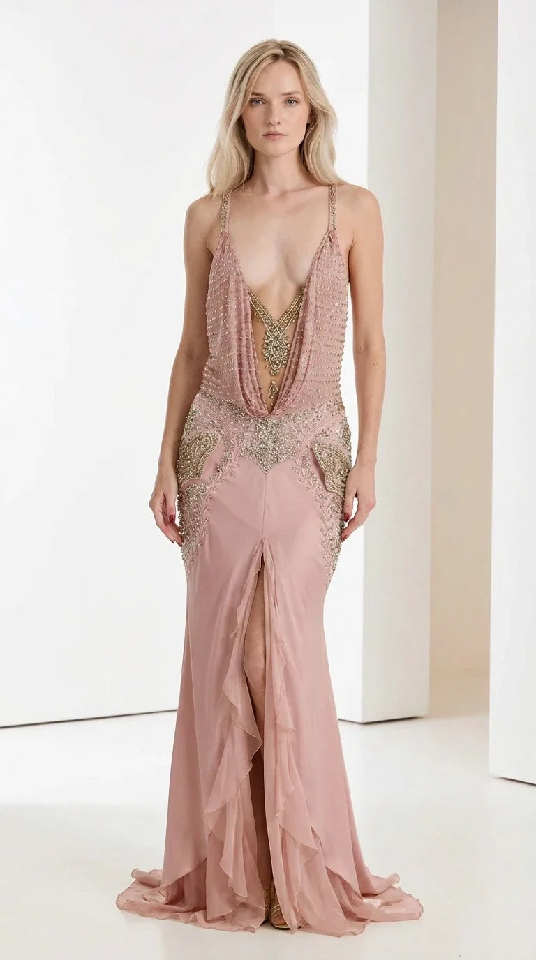Front view of pink embellished evening gown