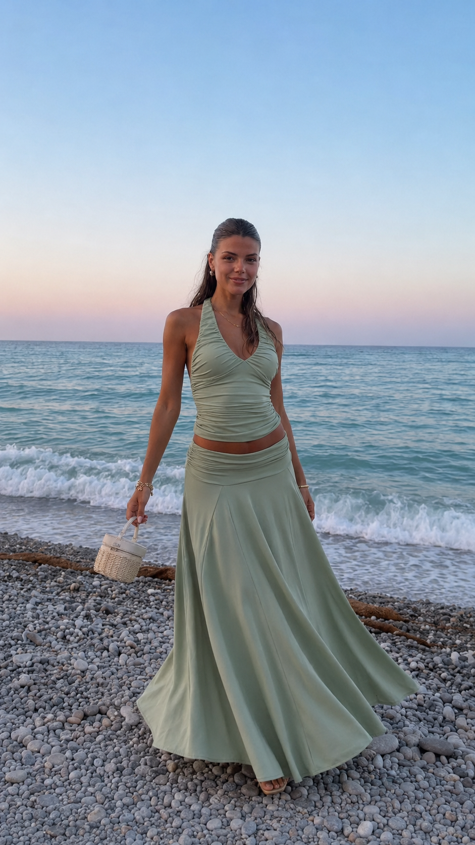 Front view of sage green halter ruched top and flowing maxi skirt set