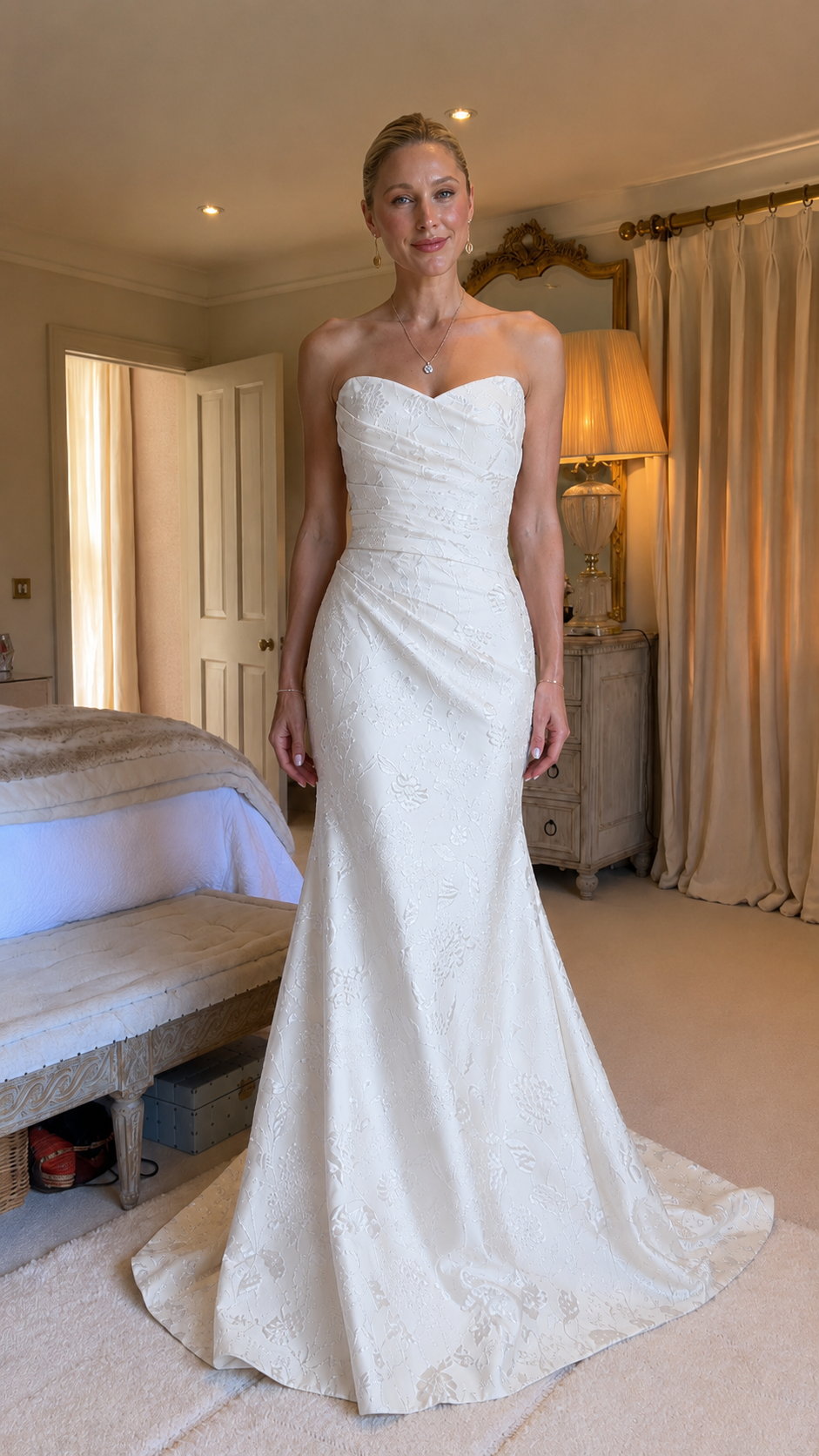 Front view of white strapless sweetheart jacquard mermaid gown