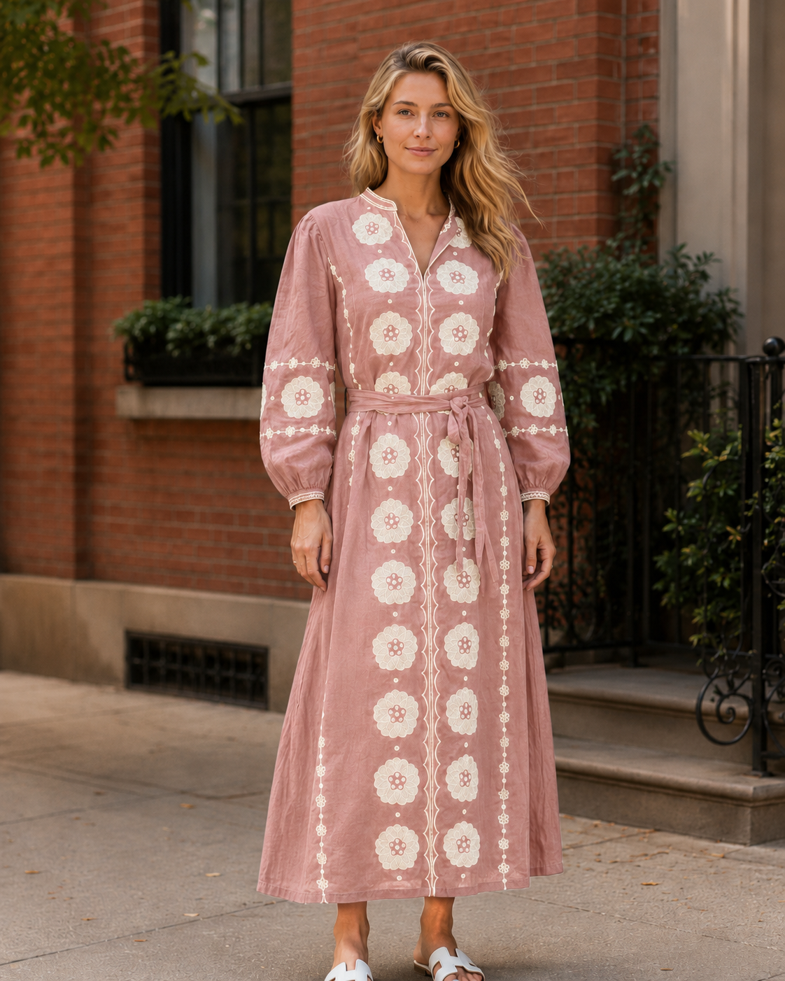 Dusty pink embroidered tie-waist midi dress front view