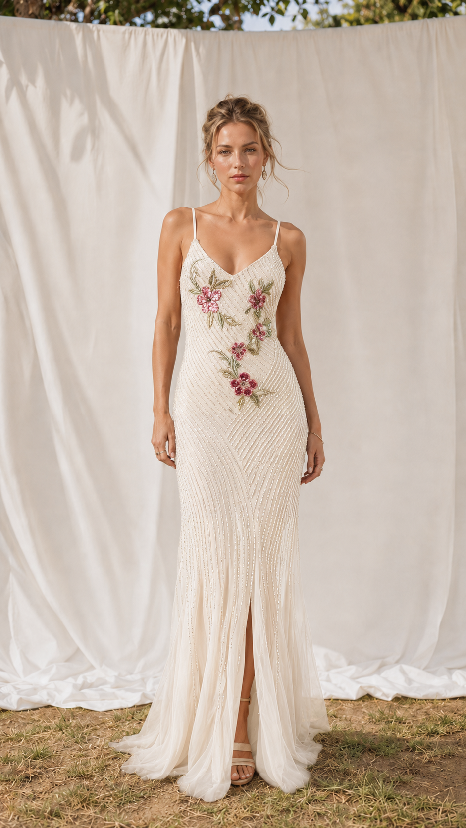 Front view of ivory embroidered sequin mermaid maxi dress