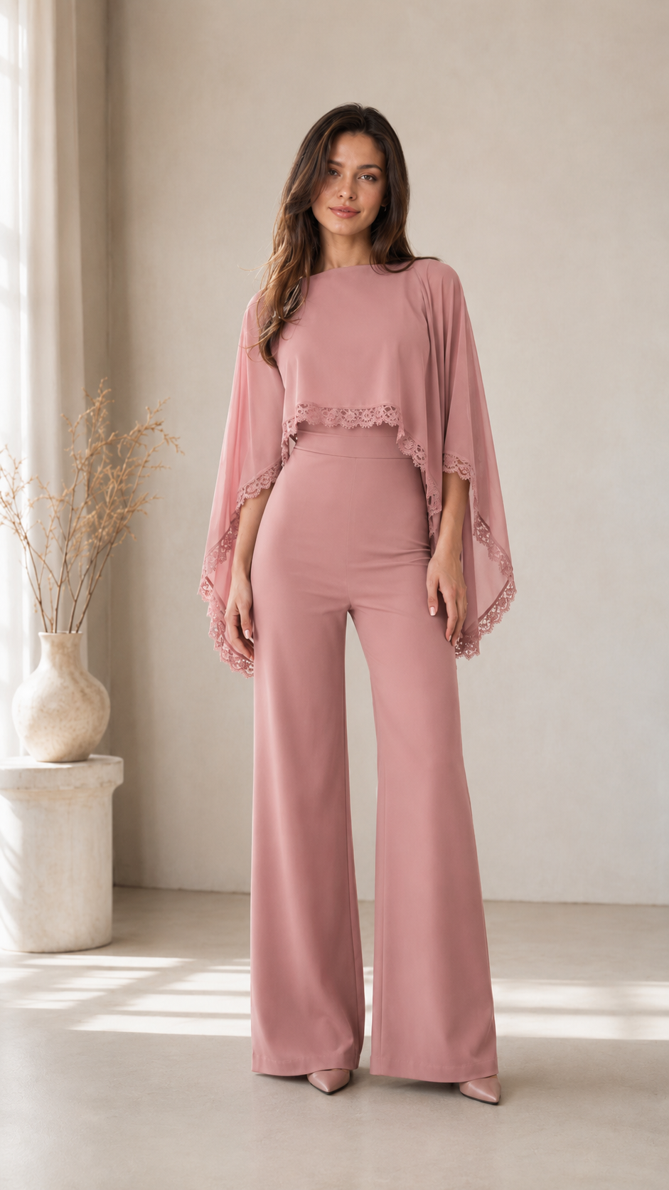 Front view of dusty rose cape sleeve wide leg jumpsuit