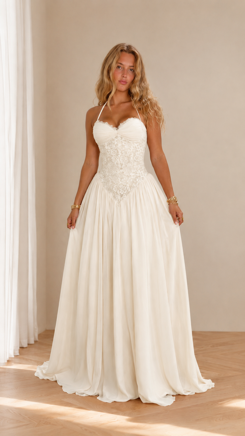 Front view of ivory lace bodice halter formal dress