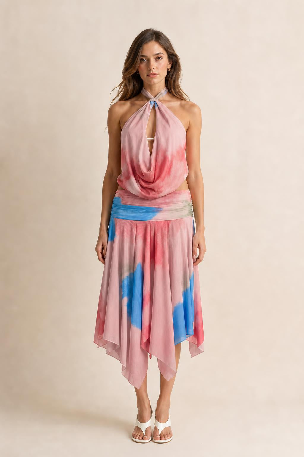 Front view of pink tie-dye color variant
