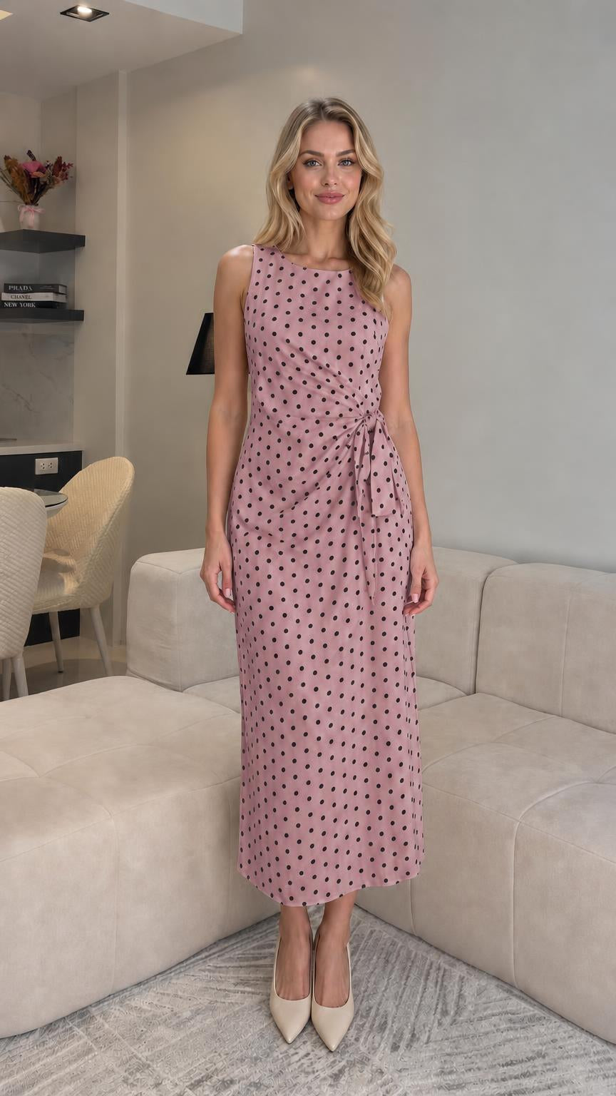 Front view of pink polka dot midi dress