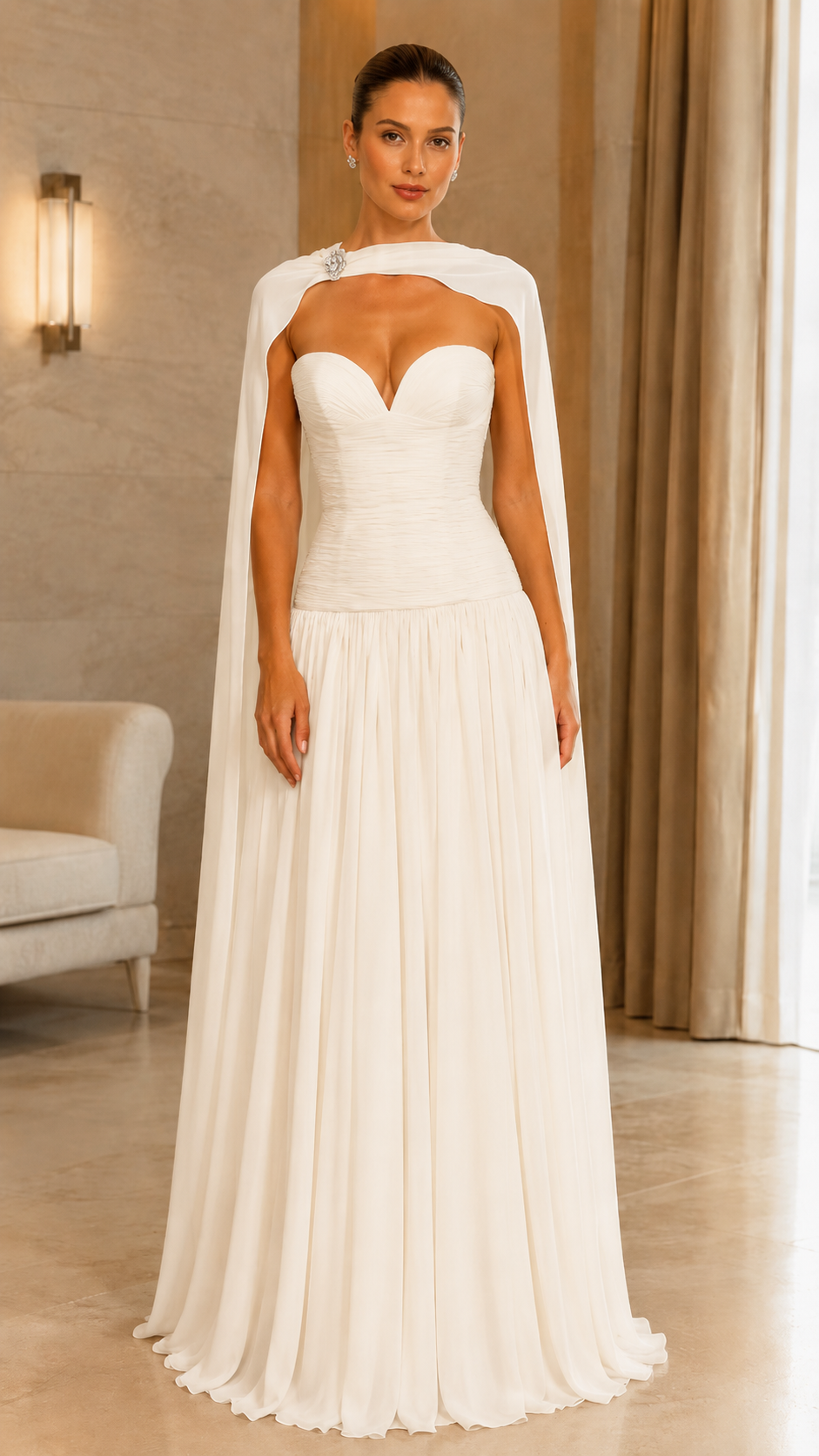 Front view of ivory sweetheart cape evening gown with fitted bodice