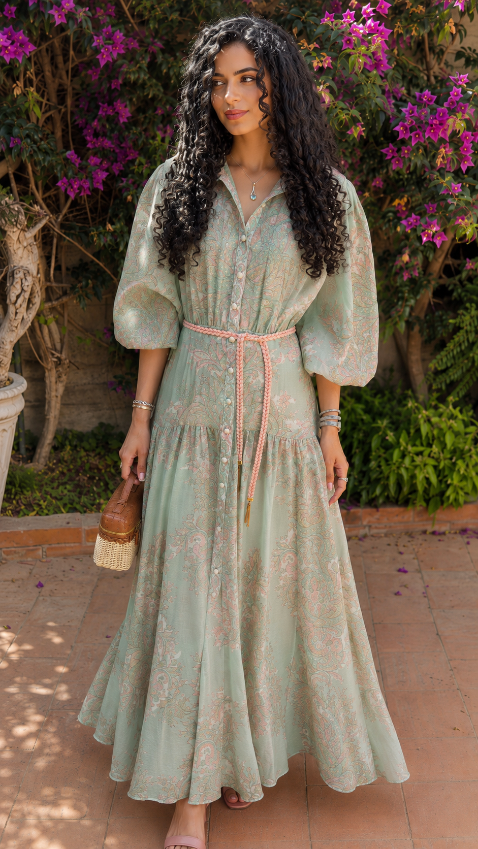 Front view of sage floral maxi shirt dress with puff sleeves and tiered maxi skirt