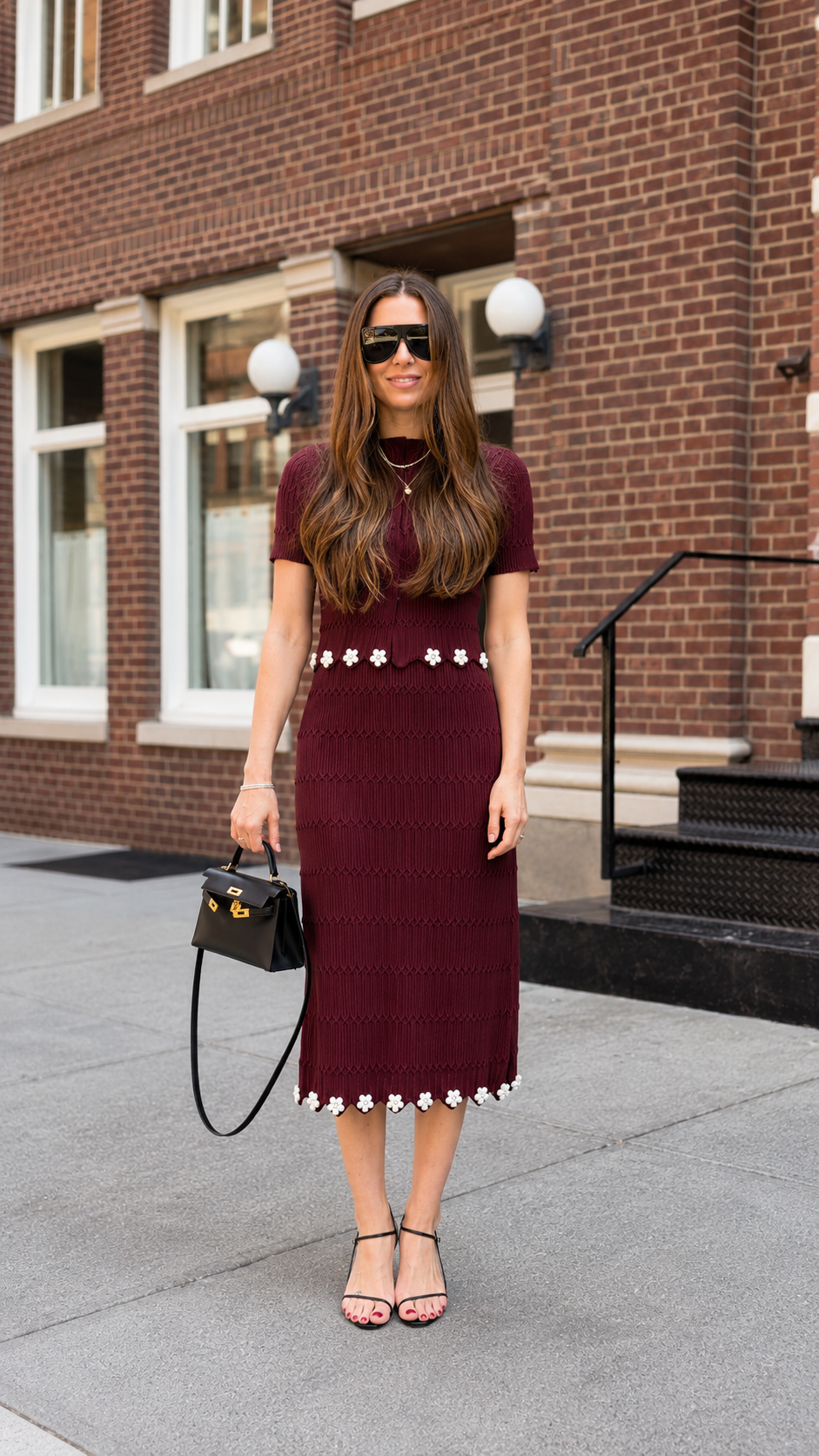 Burgundy short sleeve knit midi dress with contrast floral trim and fitted silhouette