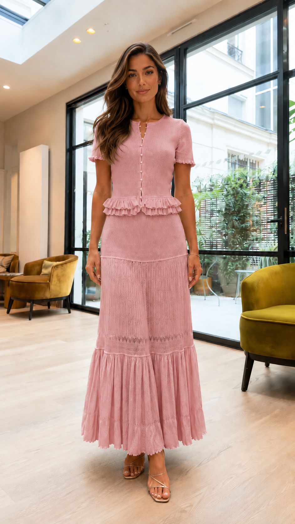 Front view of blush pink button-front knit maxi skirt set with tiered hem