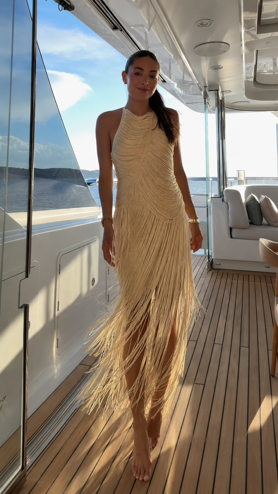 Champagne fringe halter maxi dress with draped texture and long fringe