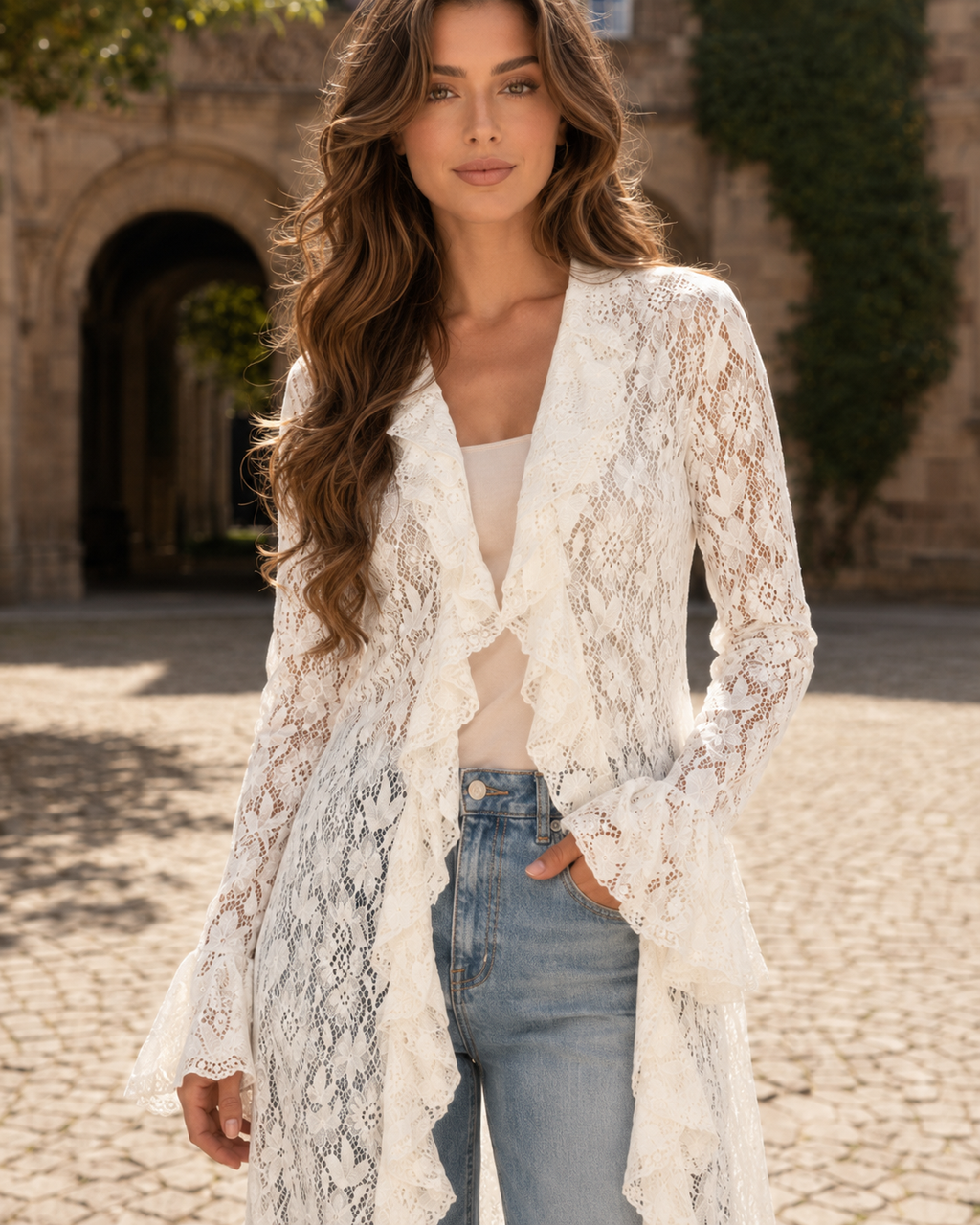 Close-up of white floral lace cardigan showing sheer texture, ruffle front, and flared cuff