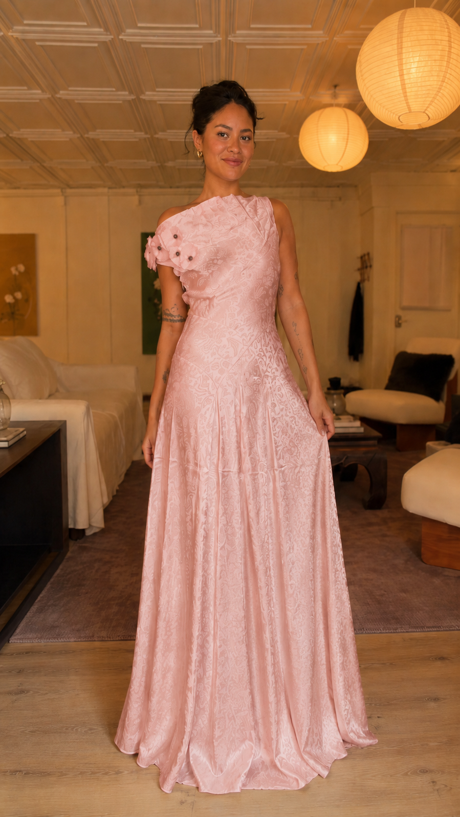 Front view of blush pink one-shoulder textured maxi dress