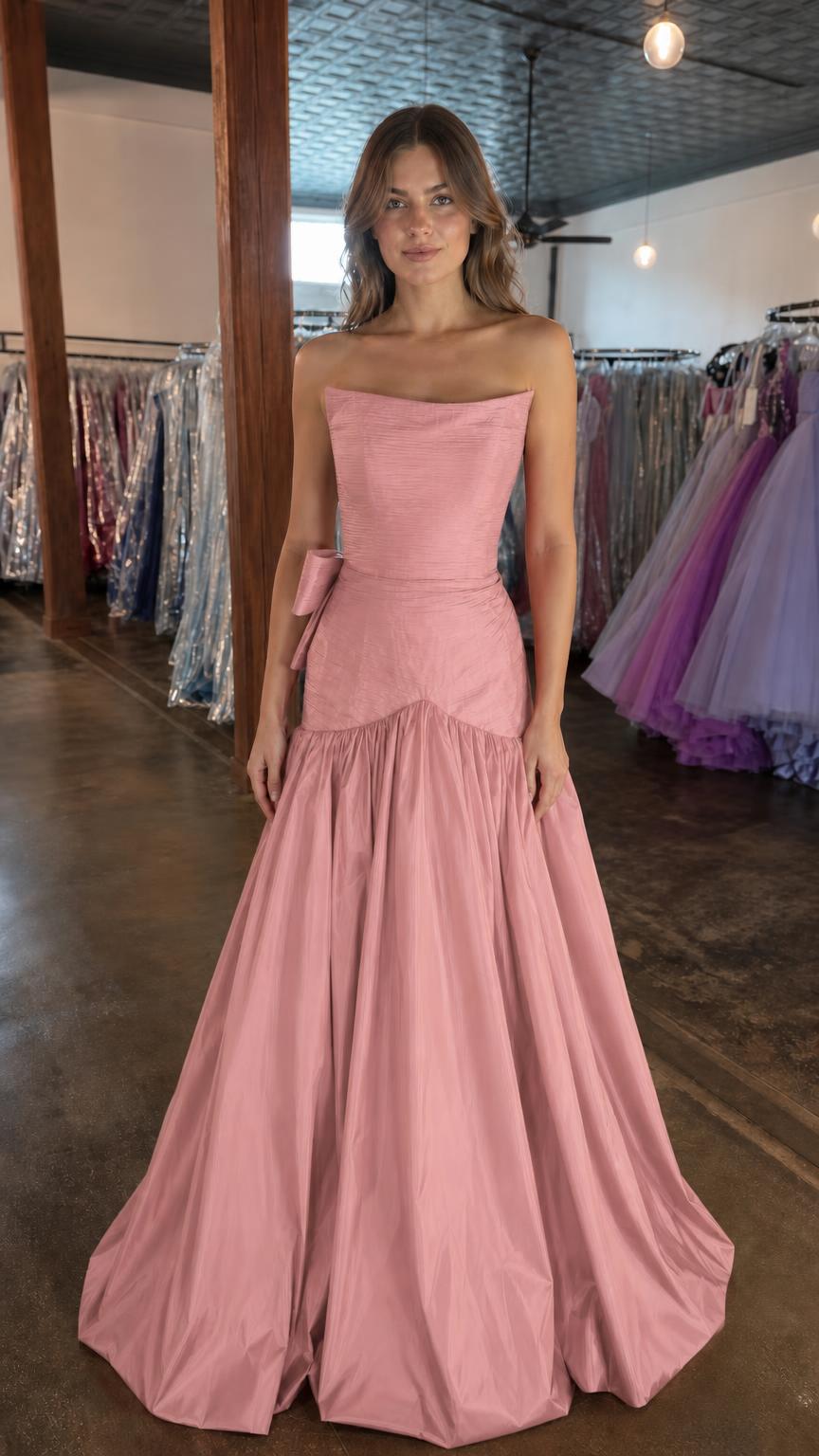 Front view of pink strapless evening gown