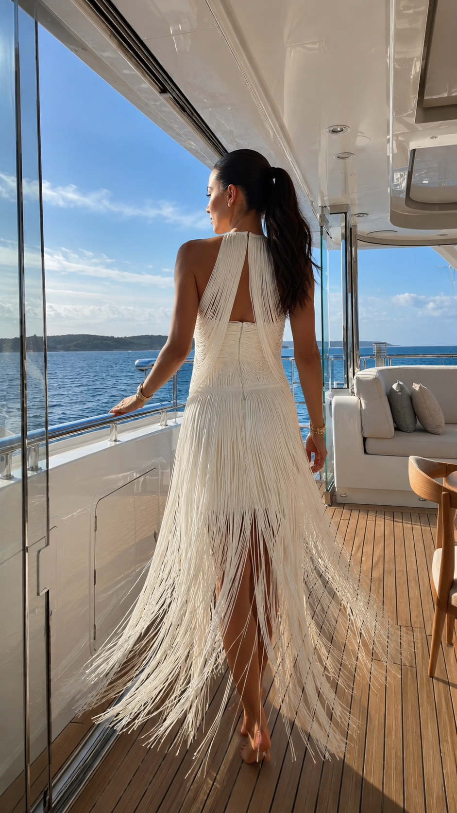 Ivory fringe halter maxi dress back view with open-back detail