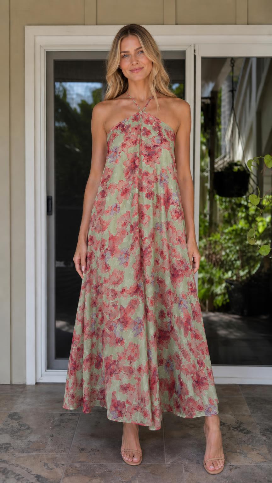 Model wearing sage green floral print halter maxi dress