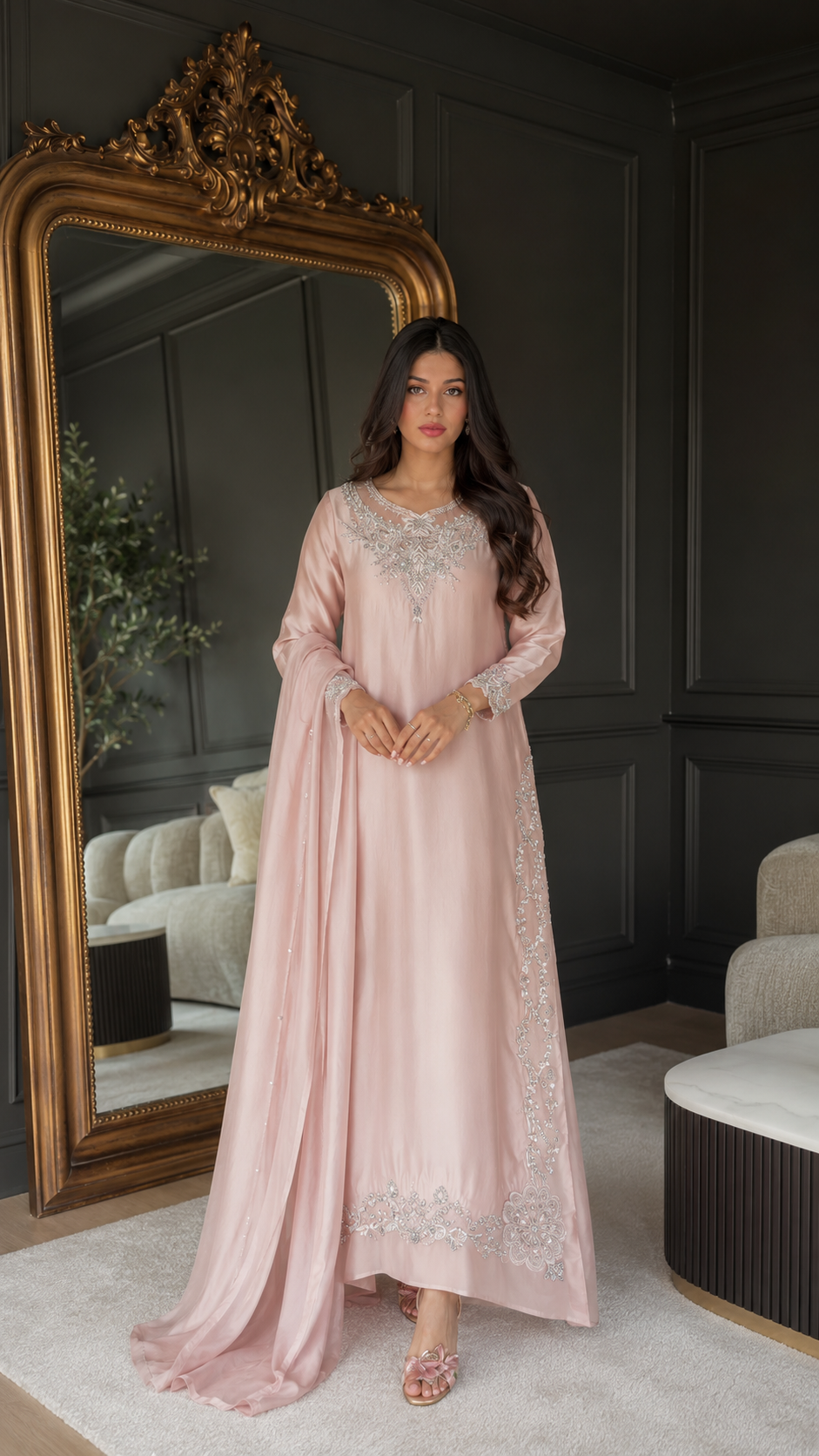 Front view of blush pink embroidered occasion kaftan dress with ornate neckline detail