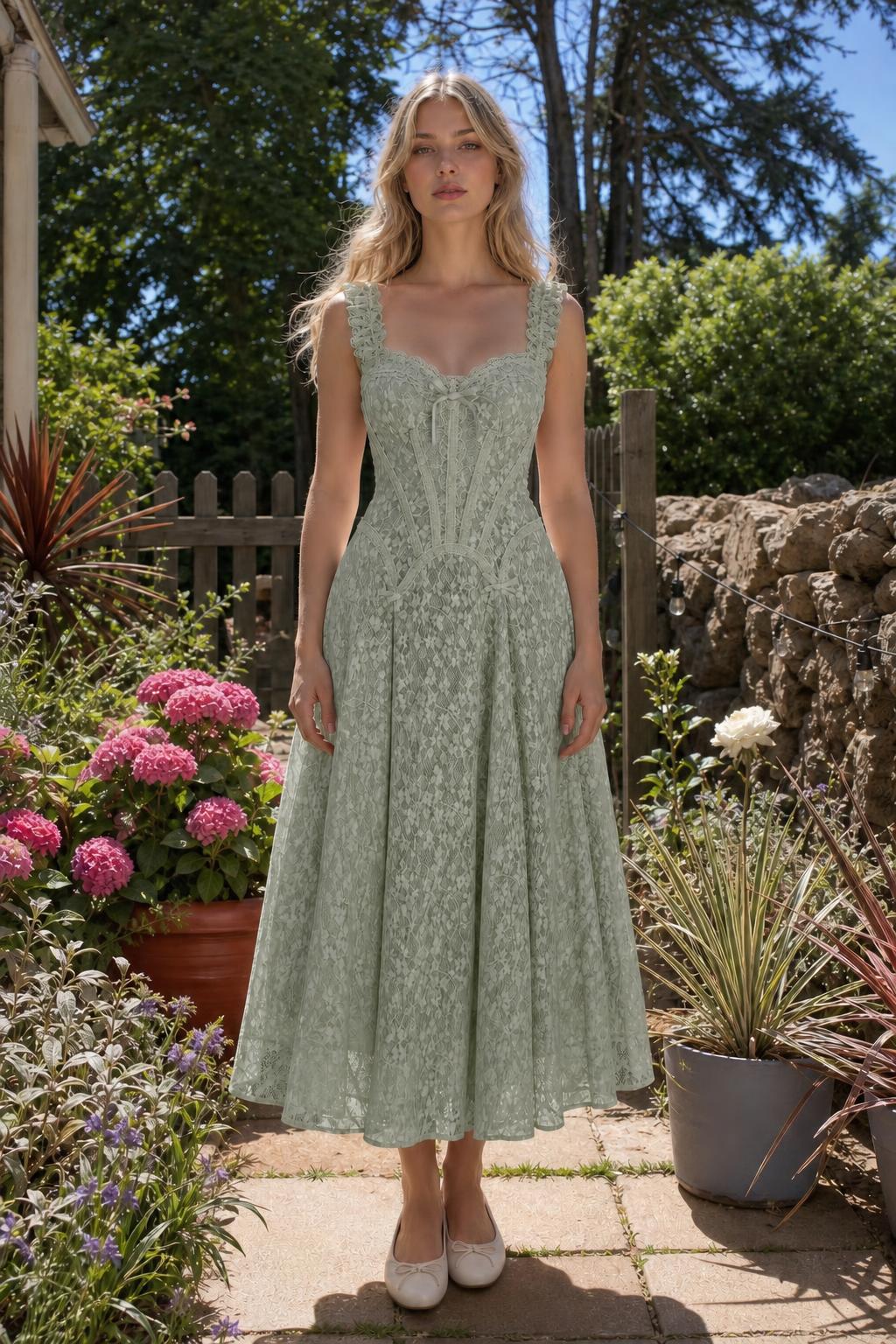 Front view of sage green lace corset midi dress