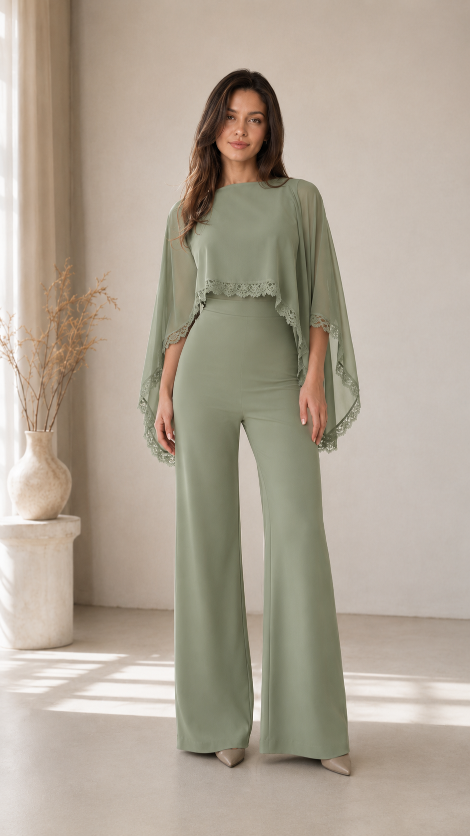 Front view of sage cape sleeve wide leg jumpsuit