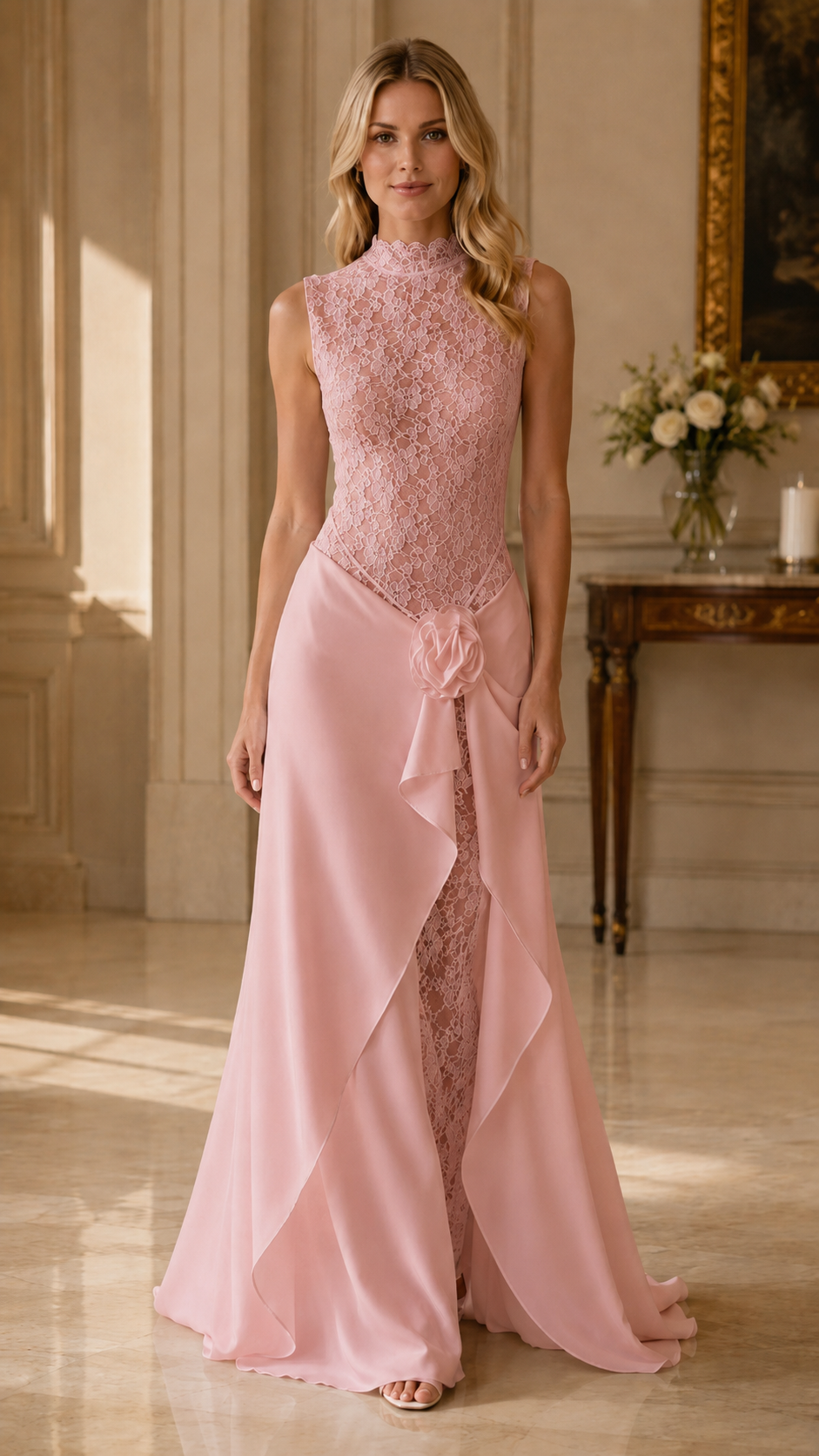 Front view of blush pink sleeveless lace bodice maxi dress with floor-length drape