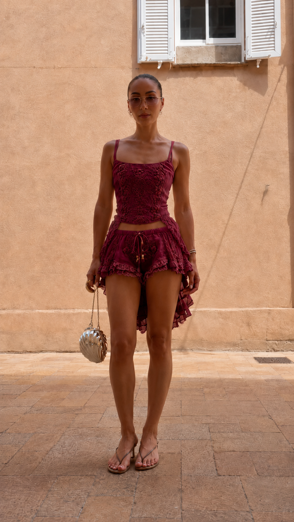 Front view of wine lace-look cami top and ruffle shorts set