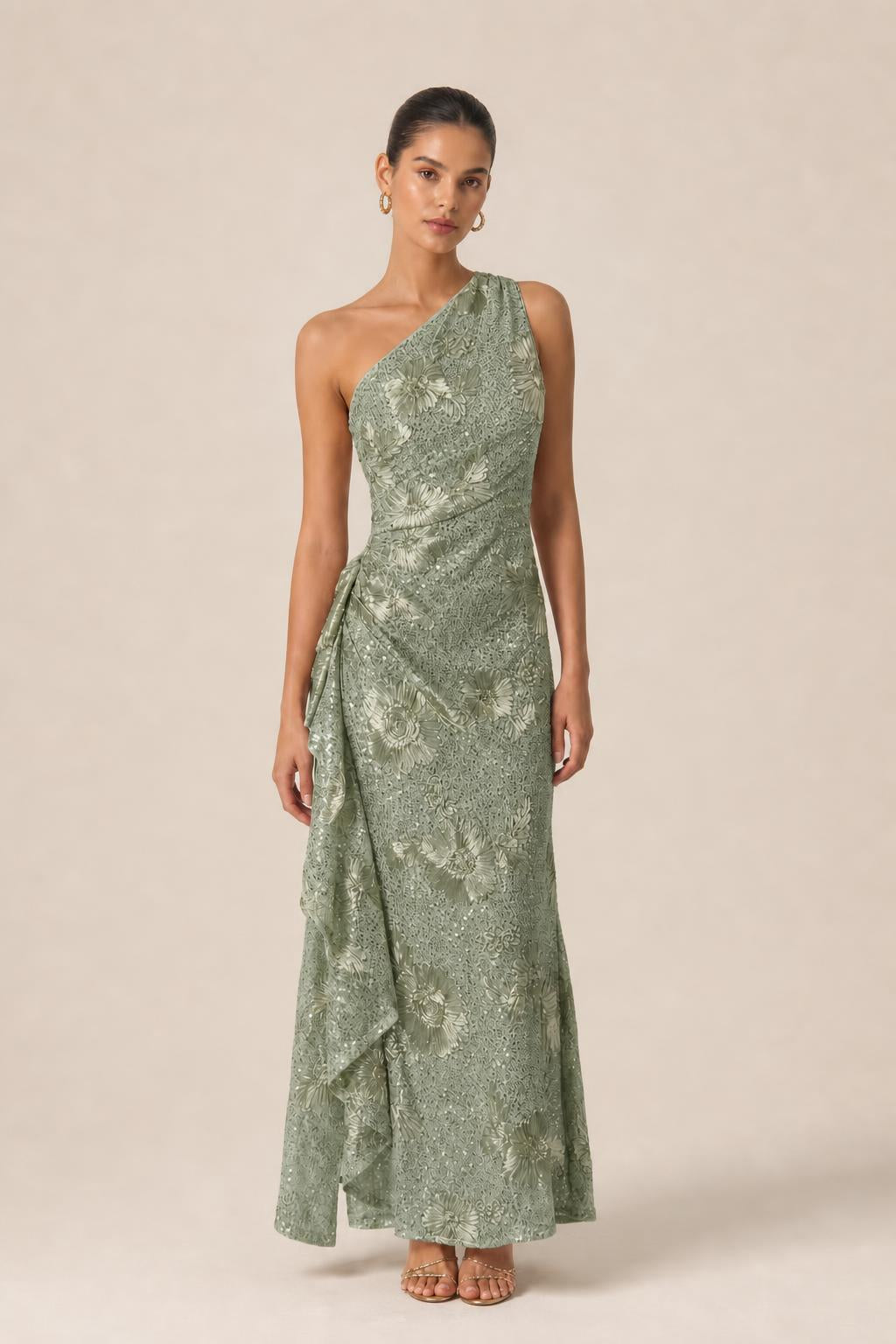 Sage green color variant of one-shoulder floral sequin evening gown