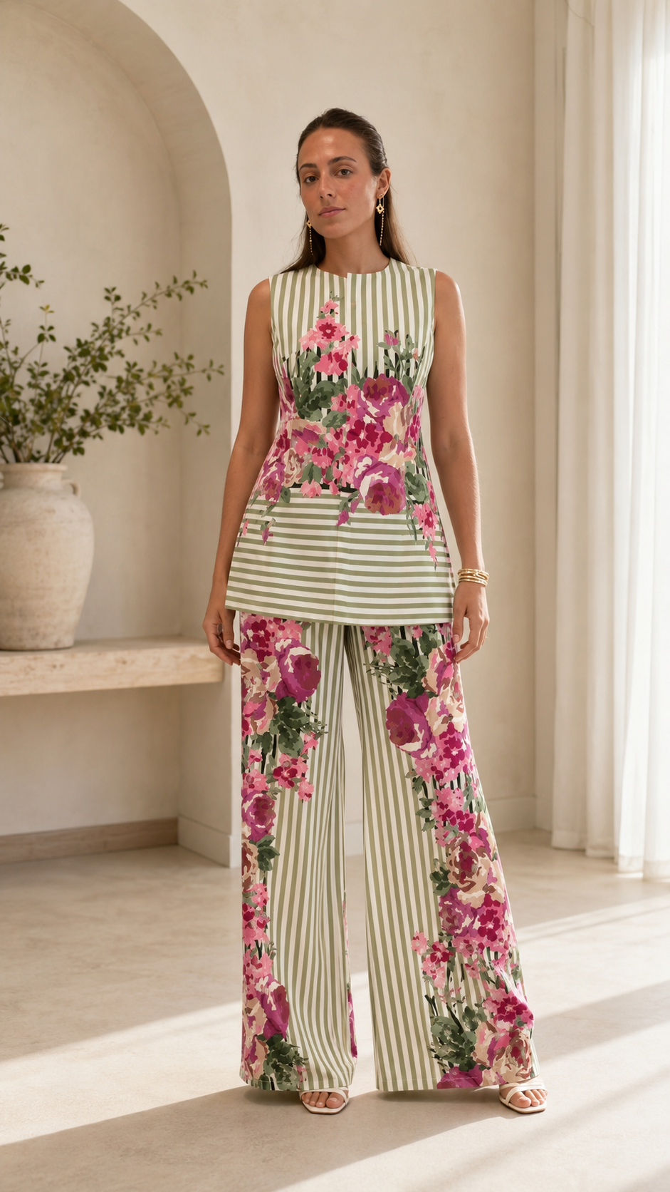 Women's sage green striped sleeveless floral tunic top with matching wide-leg pants front view