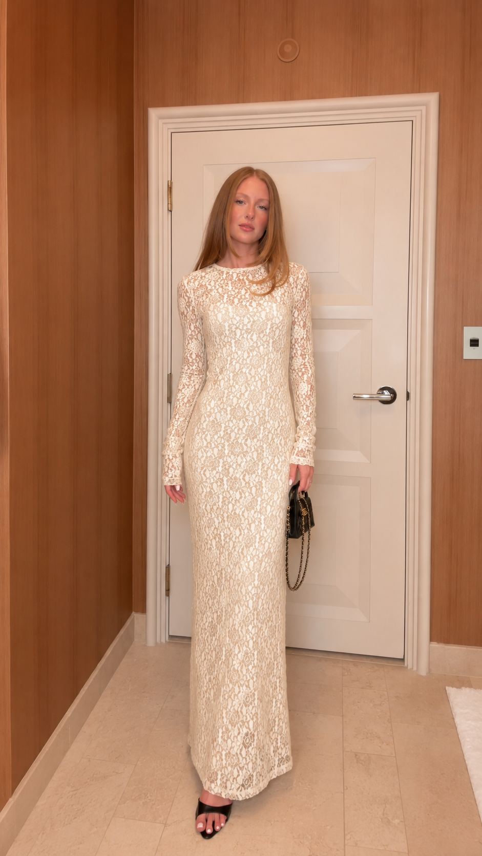 Ivory long sleeve lace formal maxi dress