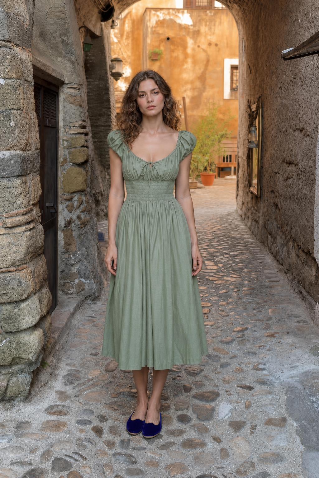 Front view of woman wearing sage green smocked midi dress
