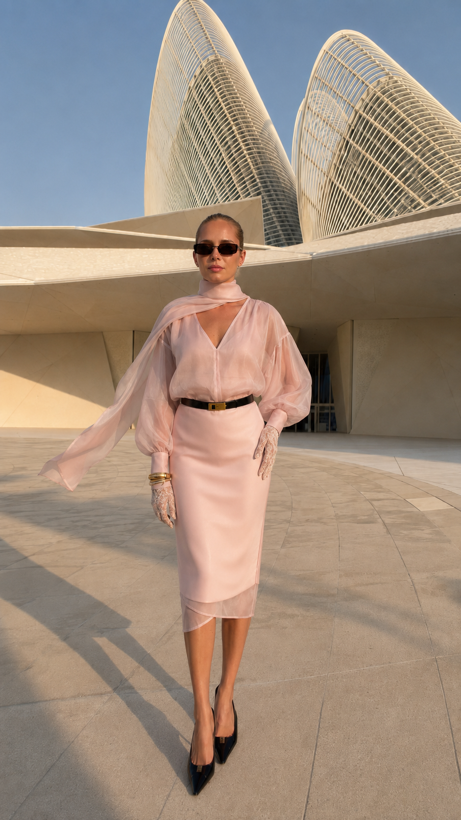 Model wearing blush pink sheer sleeve scarf neck belted midi dress