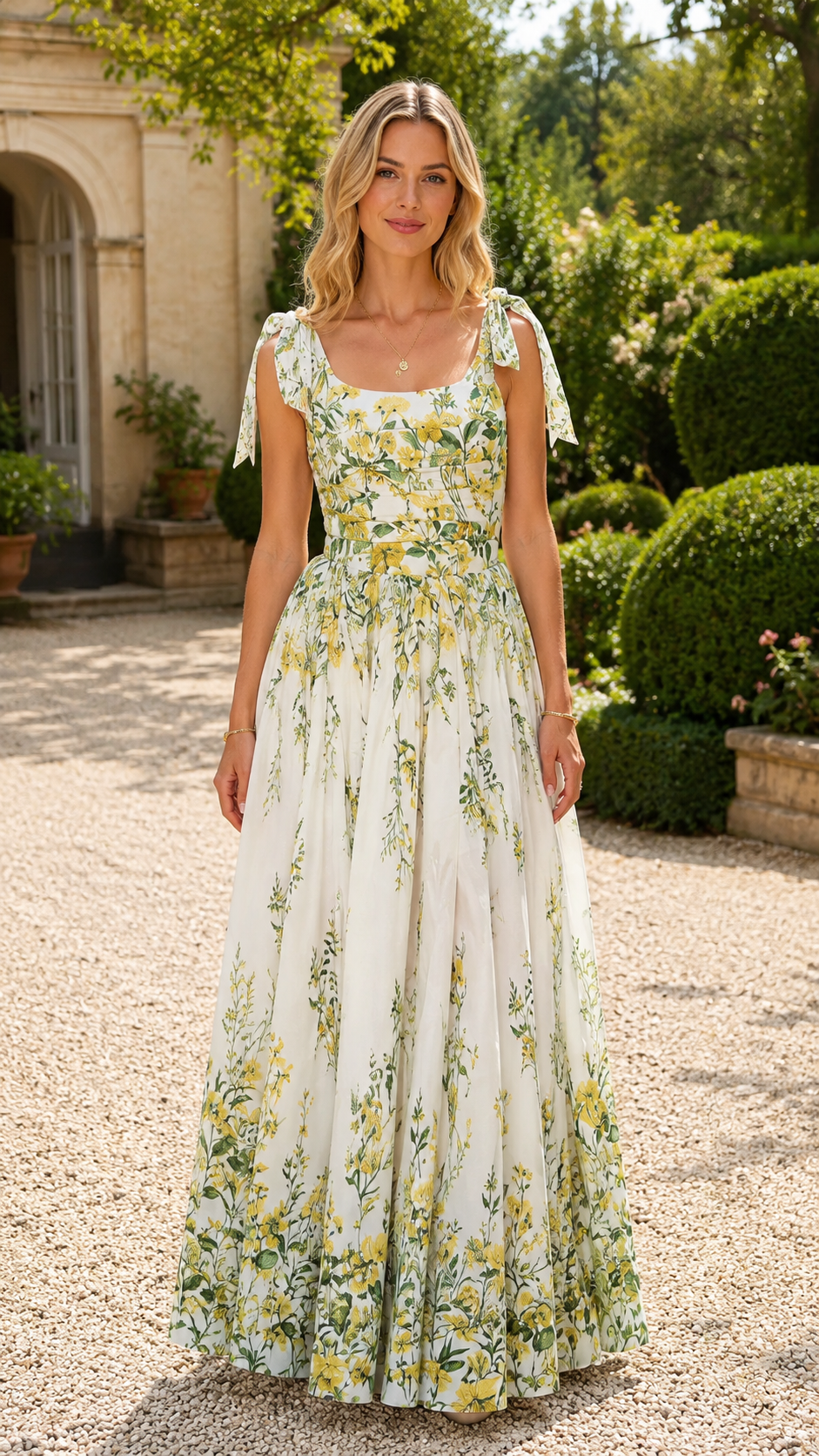 Front view of an ivory floral full-length dress with gathered waist