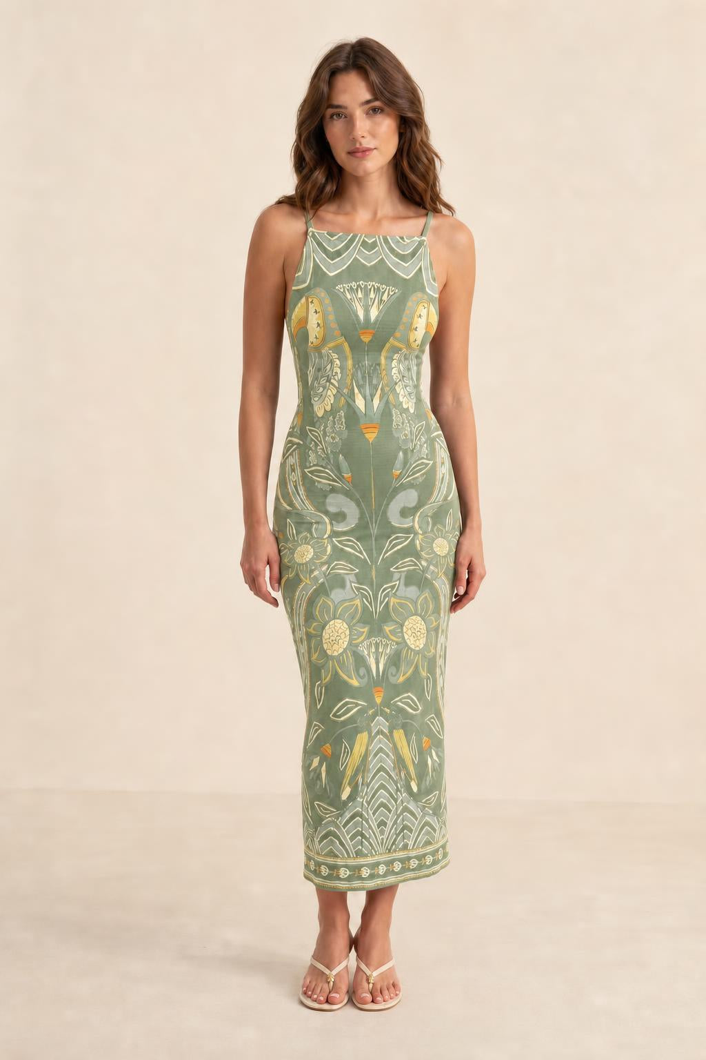 Full length front view of model wearing Sage Green printed midi dress