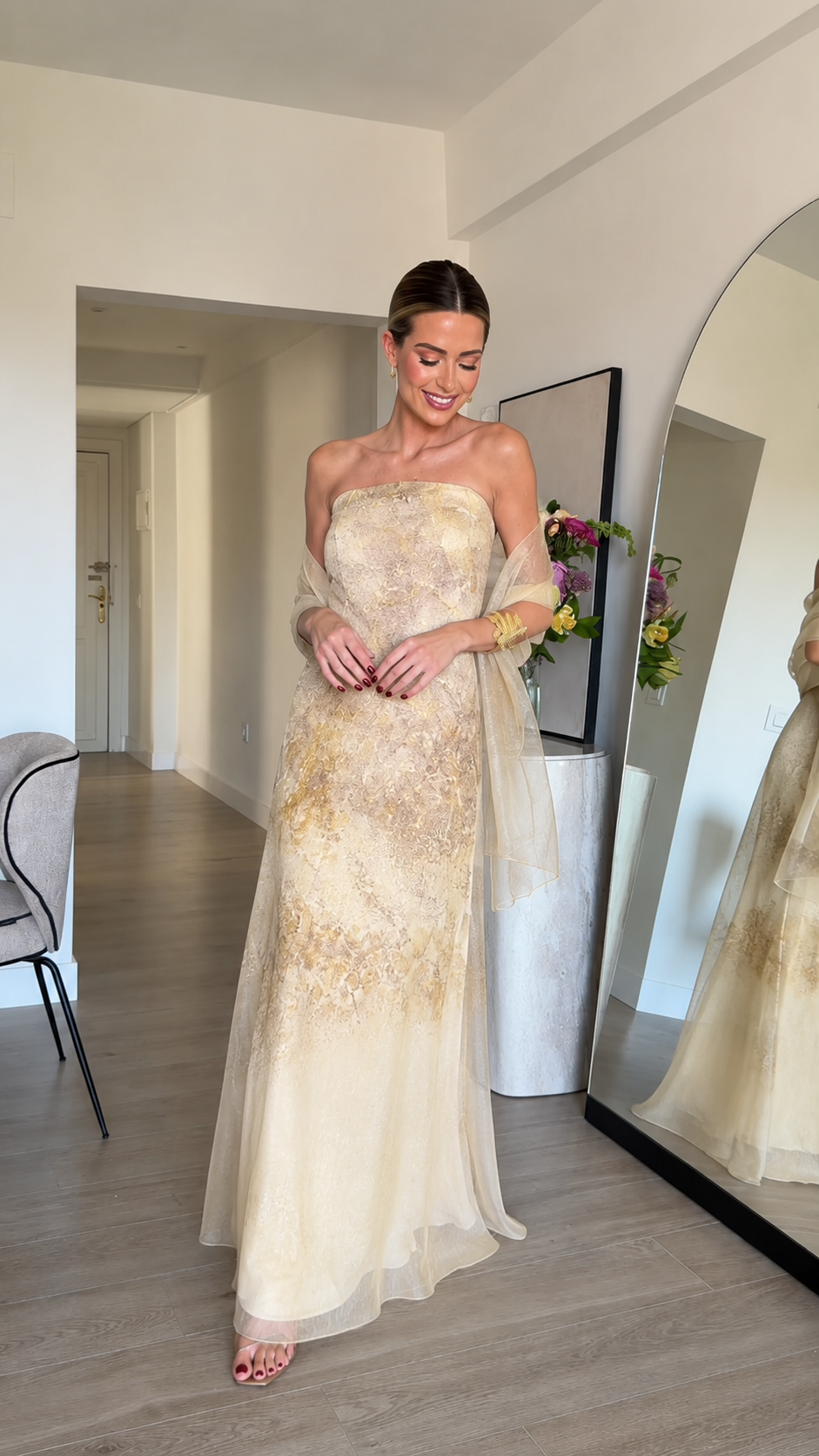 Champagne strapless formal dress with soft ombre texture and sheer shawl