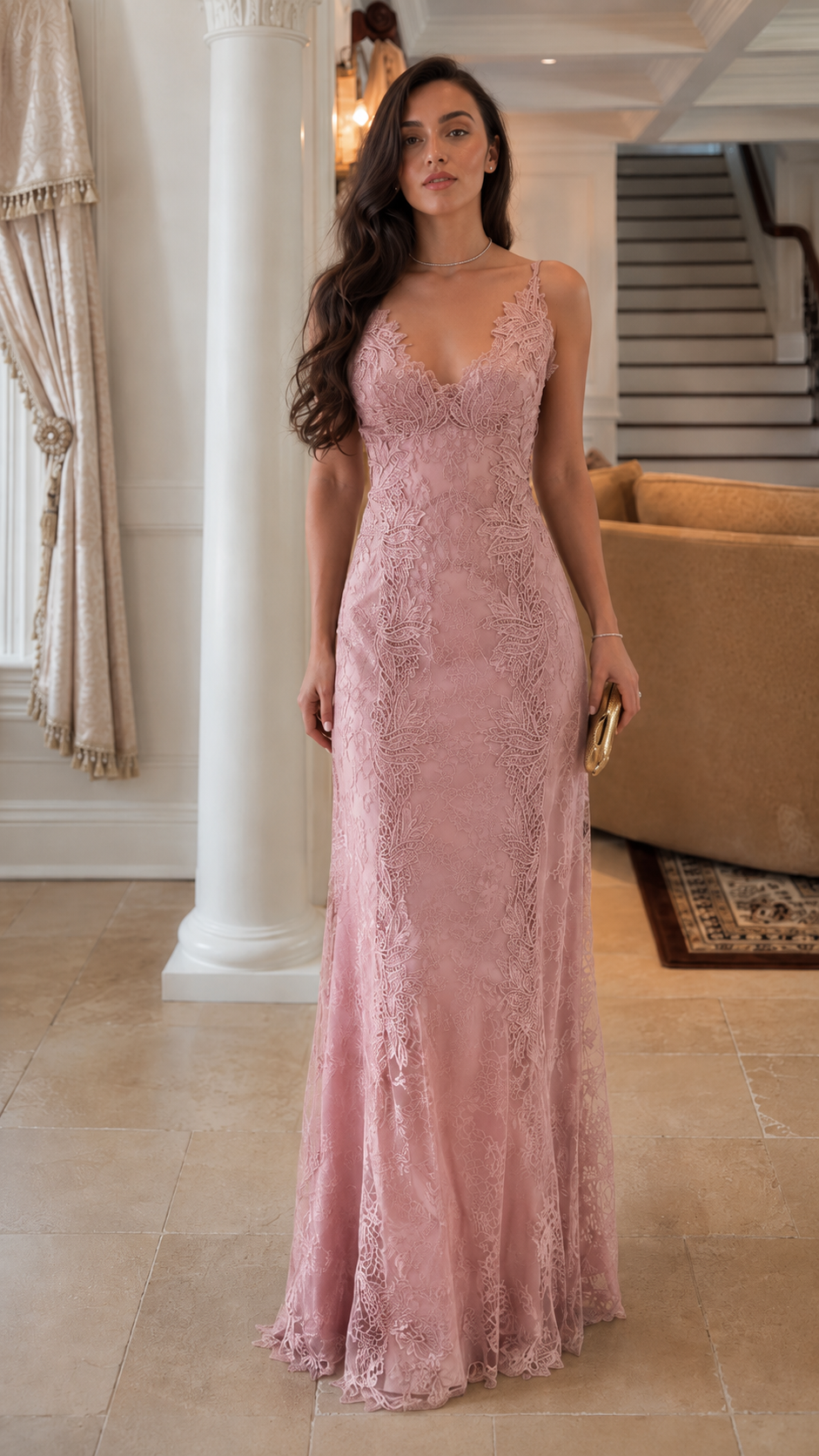 Front view of blush pink lace mermaid maxi dress