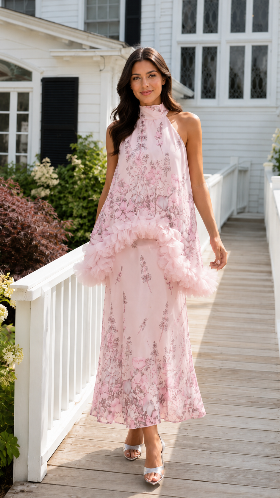 Blush pink floral halter maxi dress with textured ruffle trim