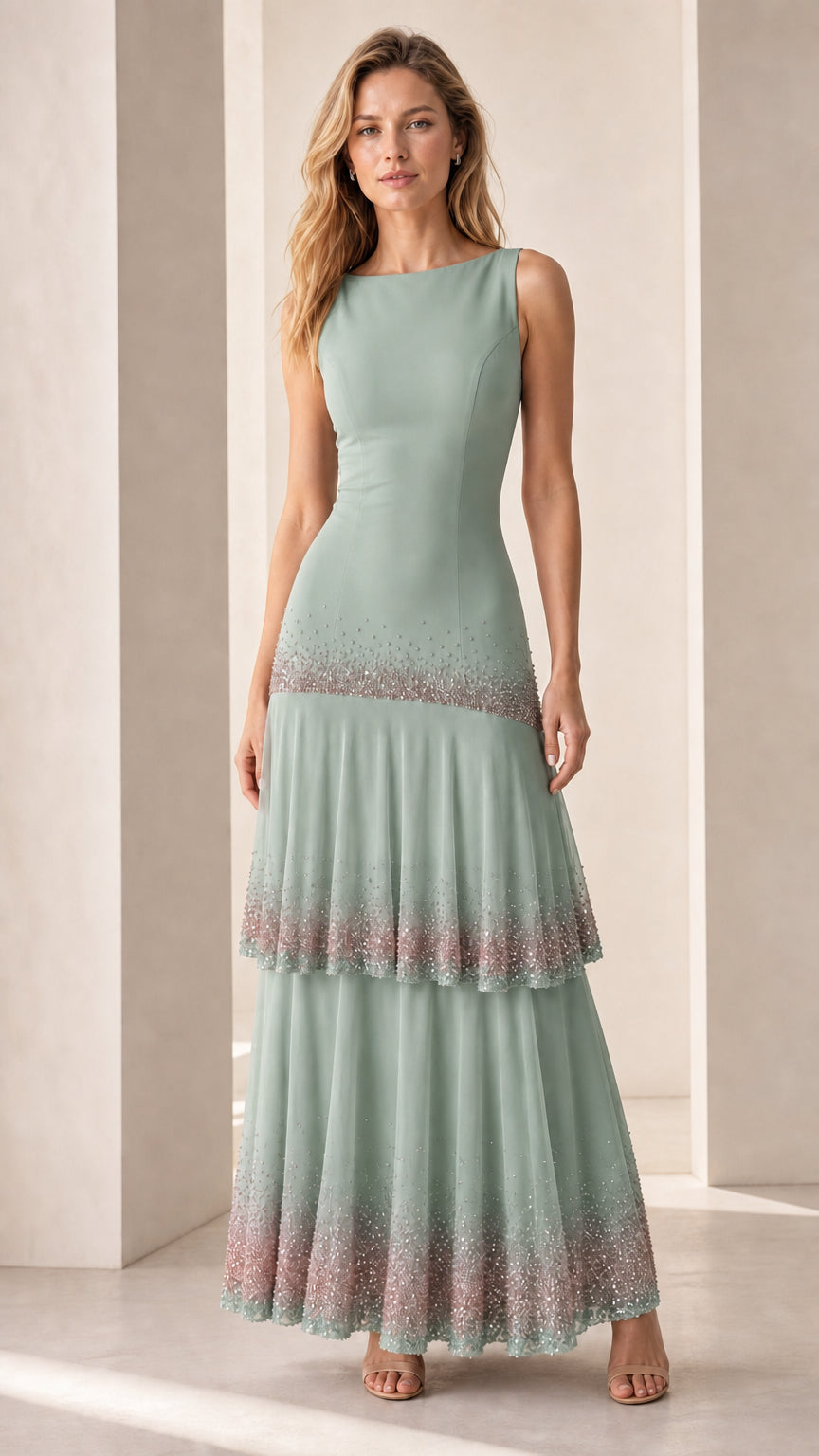 Full-length view of model in sage green sequin-trimmed tiered maxi dress