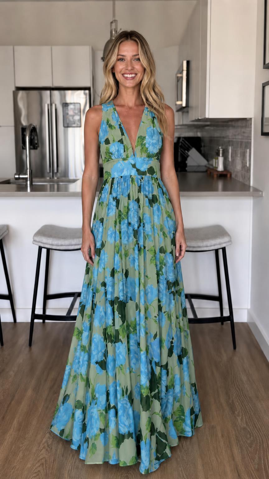 Front view of Green floral maxi dress variant
