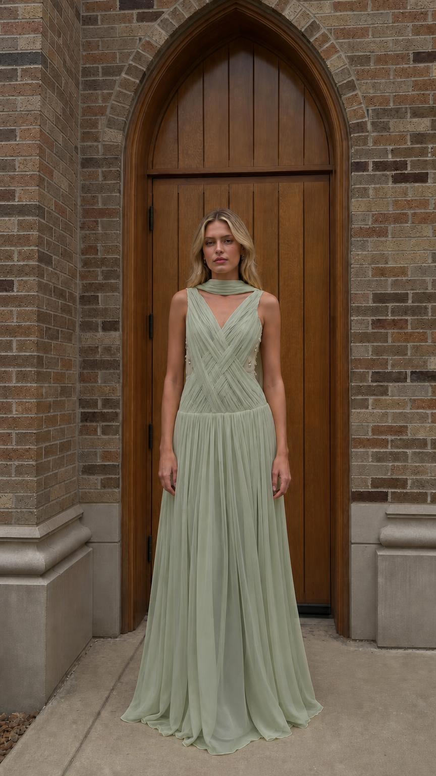 Front view of sage green formal dress