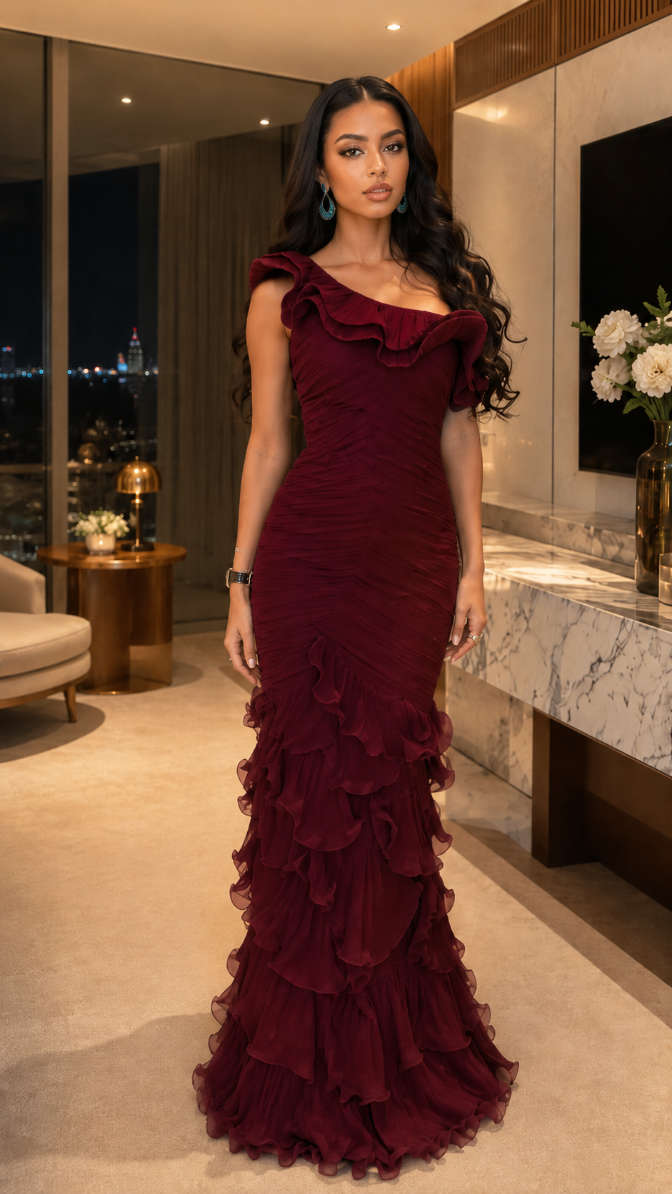Front view of burgundy one-shoulder formal dress with soft ruching and mermaid hem