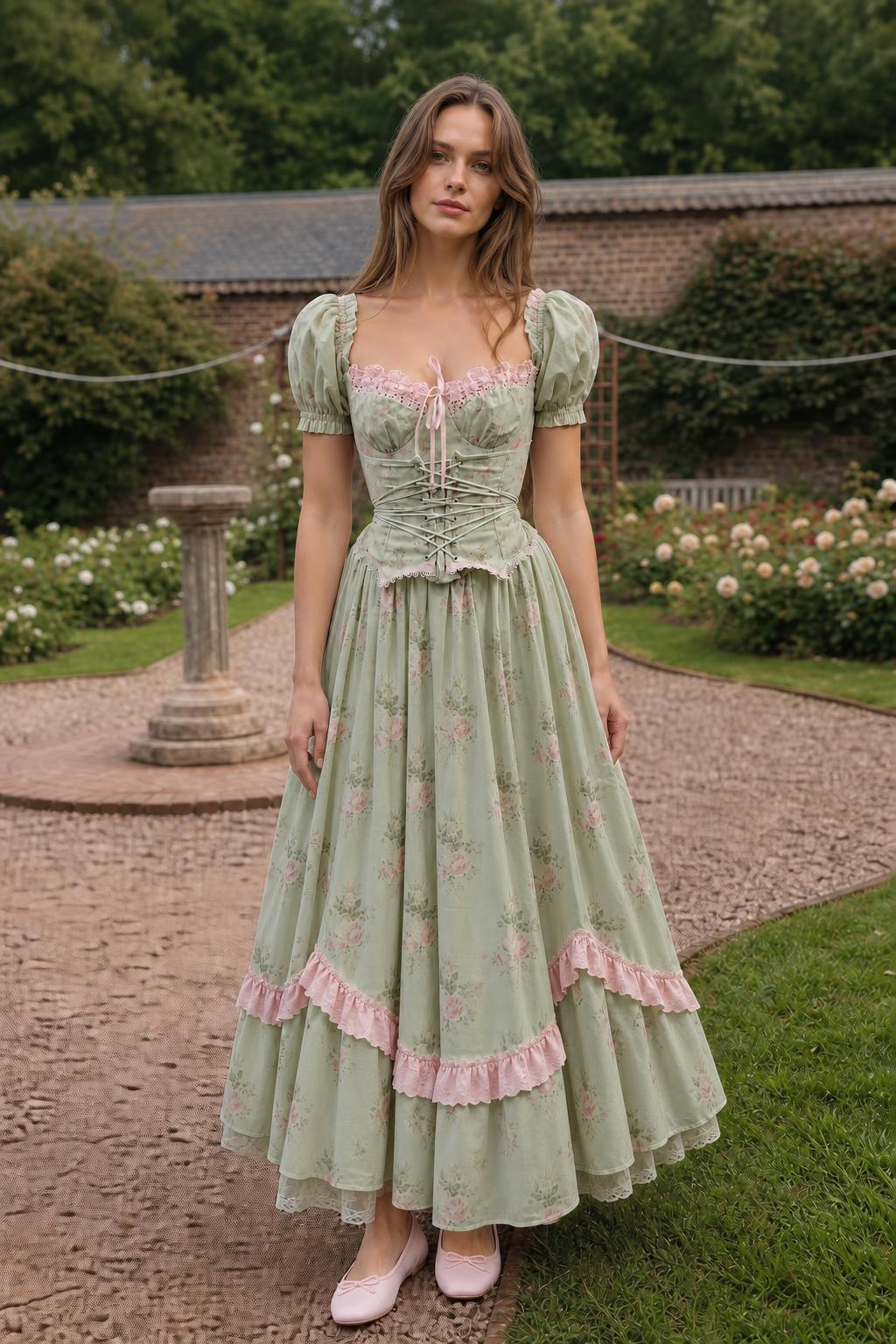 Full-length front view of sage green floral corset maxi dress