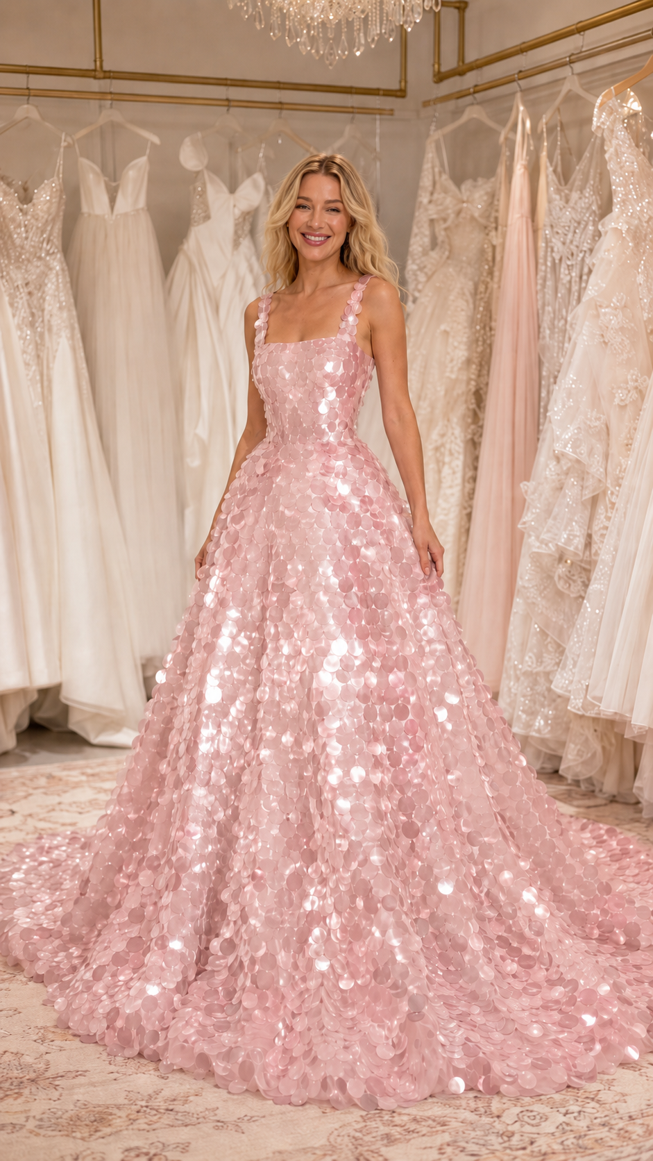 Front view of blush pink sequin ball gown with fitted bodice and sweeping hem