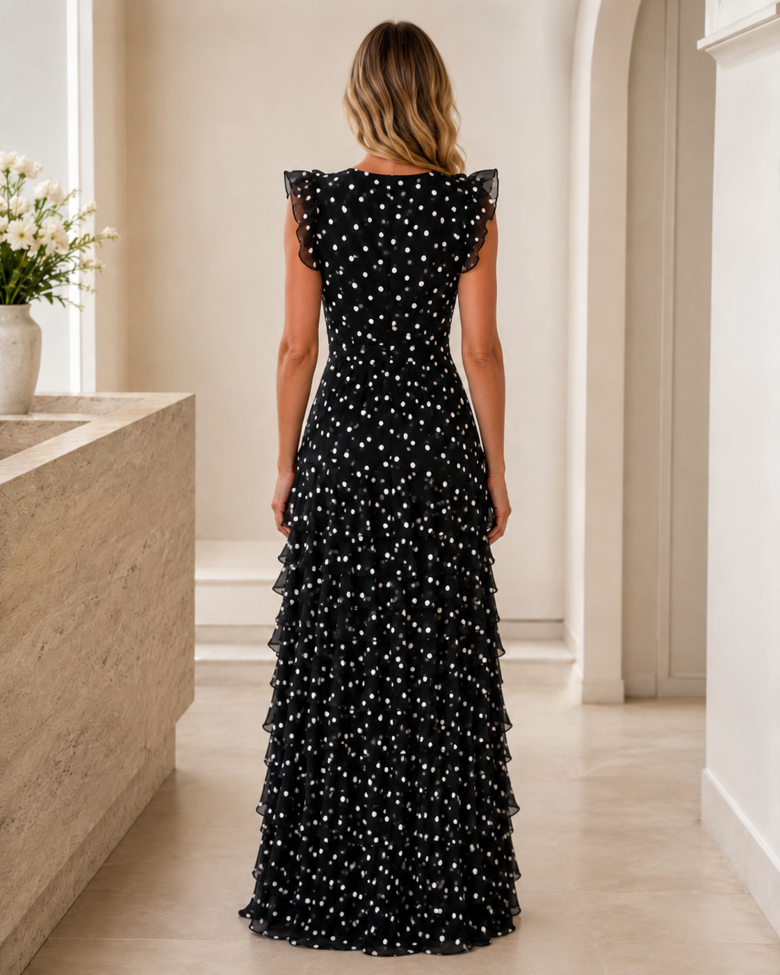 Back view of black polka dot ruffle tiered maxi dress