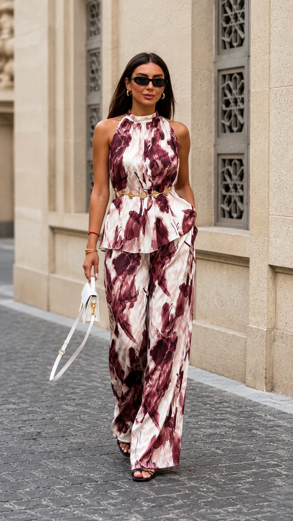 Front view of burgundy abstract print halter peplum top and wide leg pants set