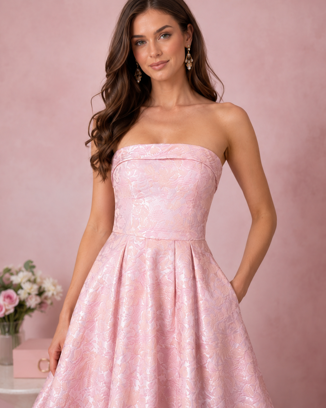 Close-up of blush pink strapless bodice and textured fabric