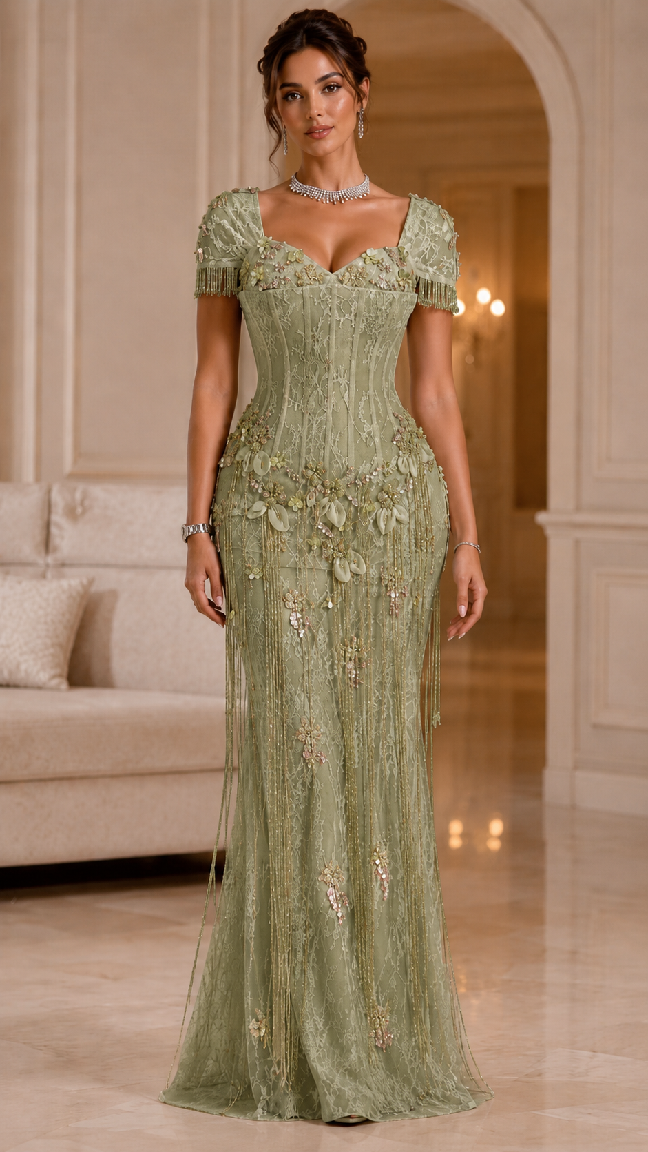 Sage green embroidered mermaid evening gown with fringe sleeves front view