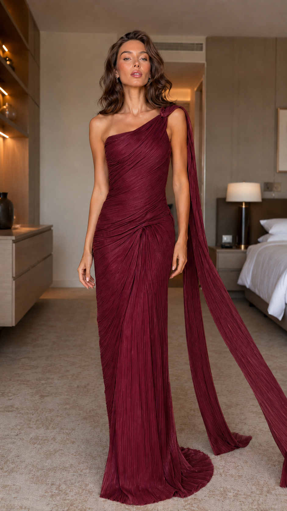 Front view of burgundy one-shoulder pleated evening dress with long scarf train