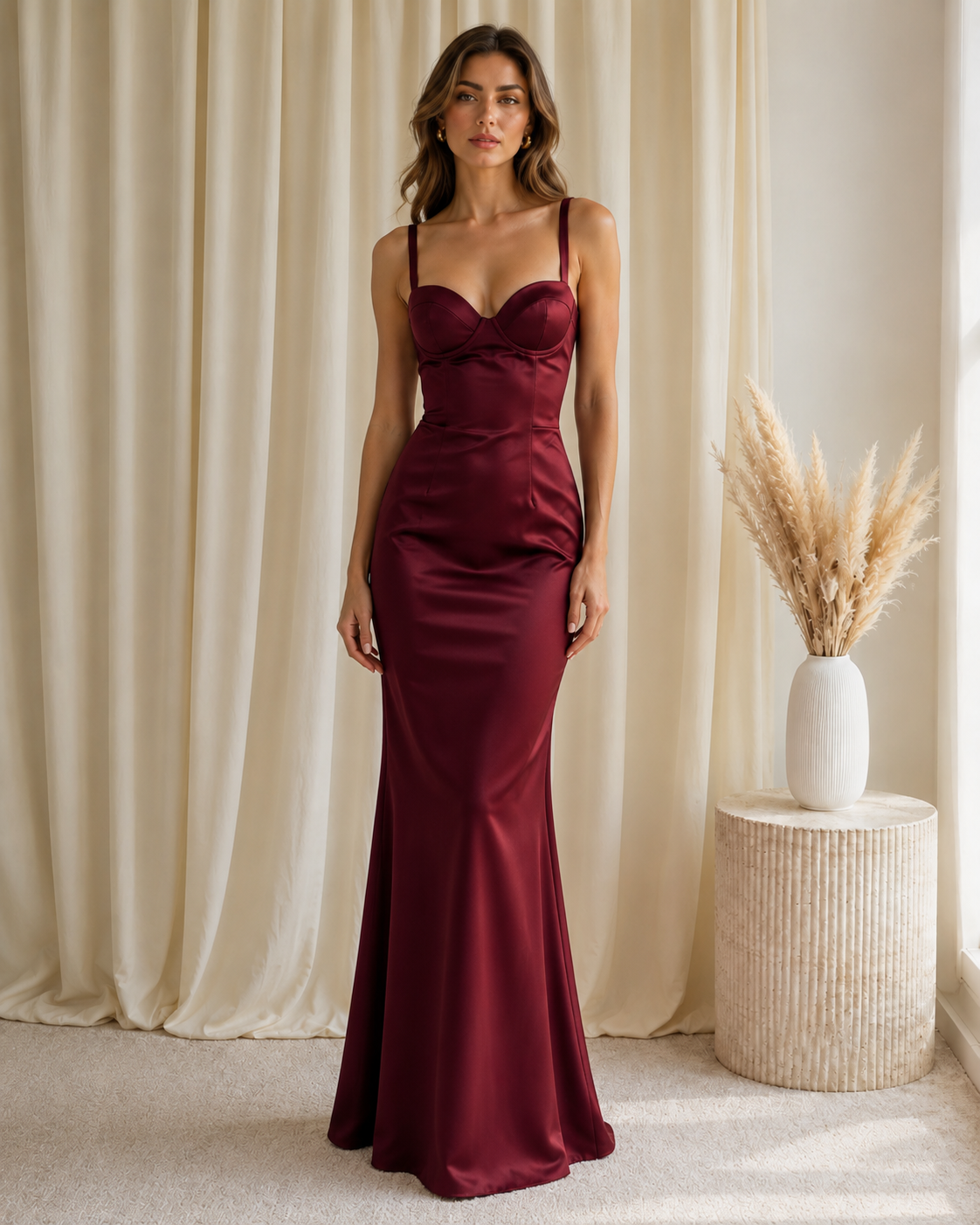 Front view of burgundy satin-look mermaid maxi gown with sculpted bodice
