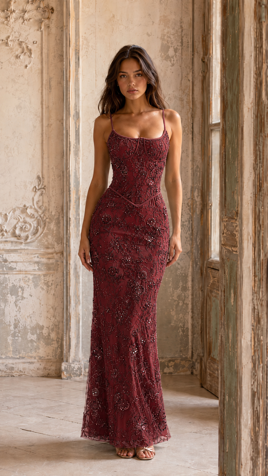 Front view of burgundy embroidered lace mermaid maxi dress