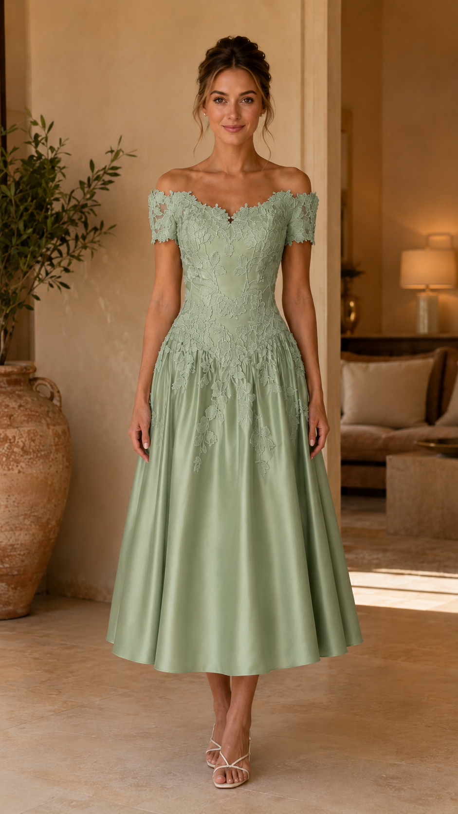 Front view of sage green off-shoulder lace midi A-line dress